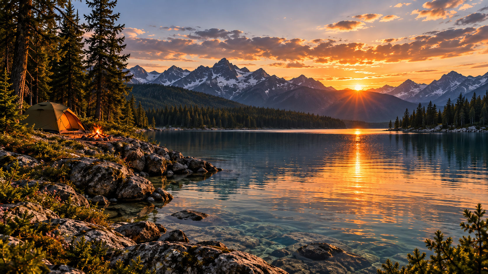 Zelt am See bei Sonnenuntergang
